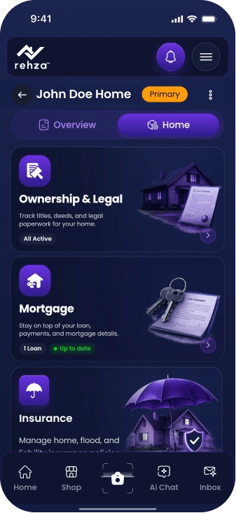 Rehza app home management cards