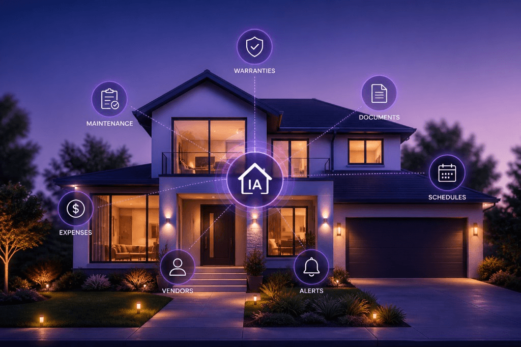 Modern home with a connected homeowner hub: warranties, maintenance, documents, schedules, alerts, vendors, and expenses.
